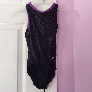 GK black and purple gymnastics leotard